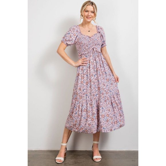 easel Dresses Easel Lavender Floral Printed Smocked Ruffled Bottom